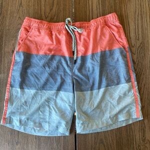 Eddie Bauer Men’s Size XL Swim Trunks Striped Red Blue Drawstrings Zipper Pocket